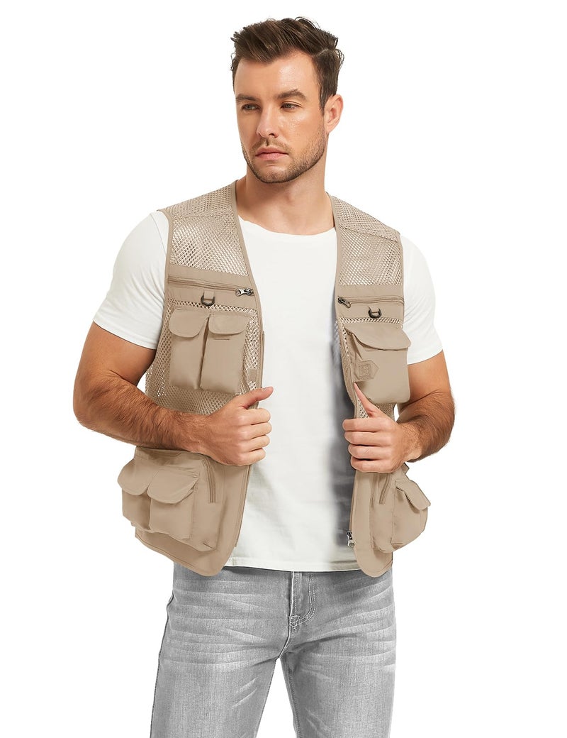 Flygo Men's Fishing Vest Utility Lightweight Outdoor Travel Safari Photo Cargo Vest with 16 pockets mesh Beige M - Image 4